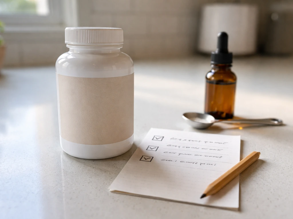 Close-up of a supplement bottle label beside a simple safety checklist sheet under natural light.