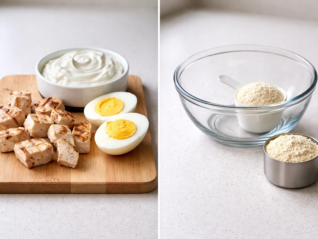 Side-by-side high-protein foods and a measured scoop of protein powder on a kitchen counter.