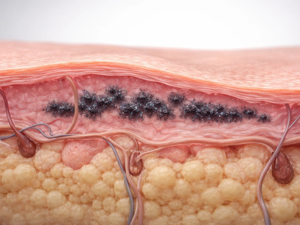 Close-up cross-section style view of skin layers with tattoo ink in the dermis as surface skin stretches
