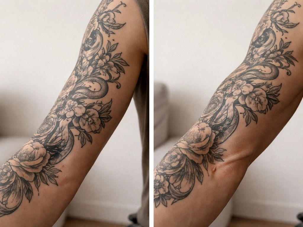 Before-and-after close-ups of a forearm tattoo showing slight line/shading stretch when flexing.