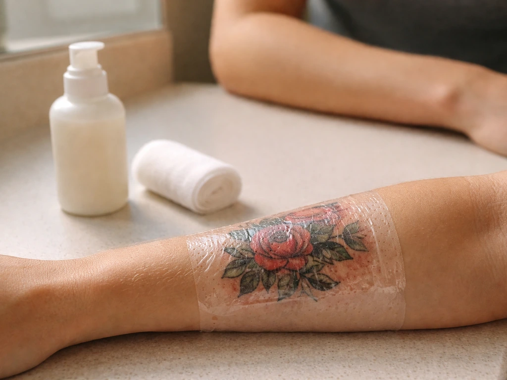 Healing forearm tattoo covered with transparent wrap, with moisturizer and gauze on a simple counter.