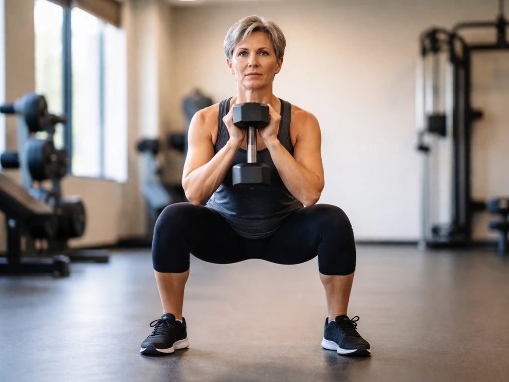 50+ adult performing a controlled goblet squat in a quiet gym with natural light.