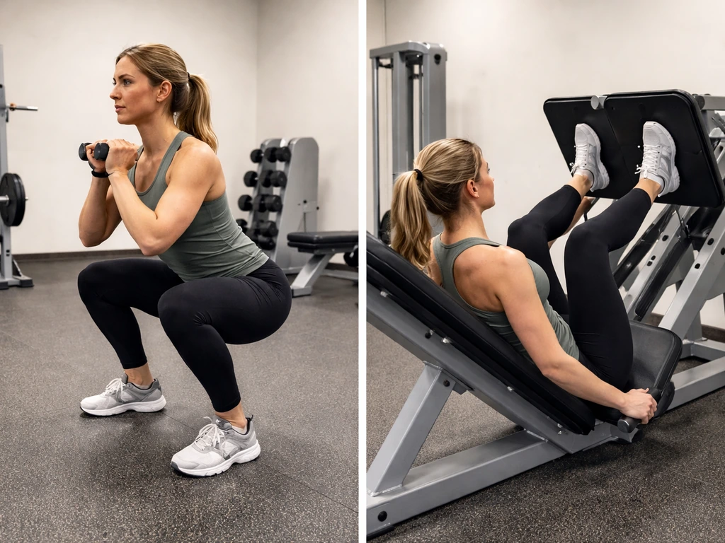 Side-by-side gym photos: goblet squat technique vs safer leg press progression for joint-friendly form.