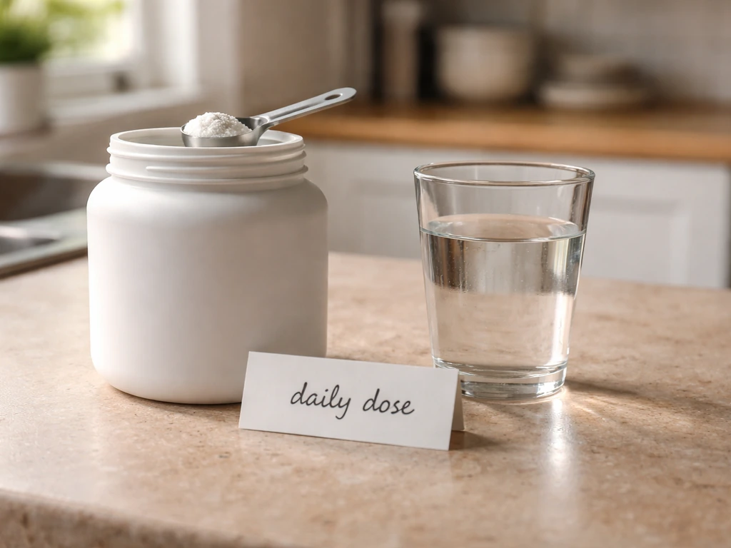 Closeup of creatine container, metal scoop, and a glass of water on a kitchen counter.