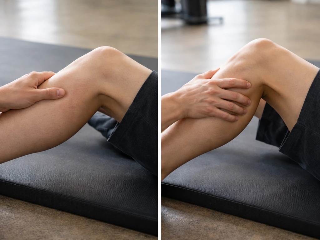 An athlete’s lower leg with a hand at the calf, showing normal muscle soreness vs injury cues through subtle visuals.