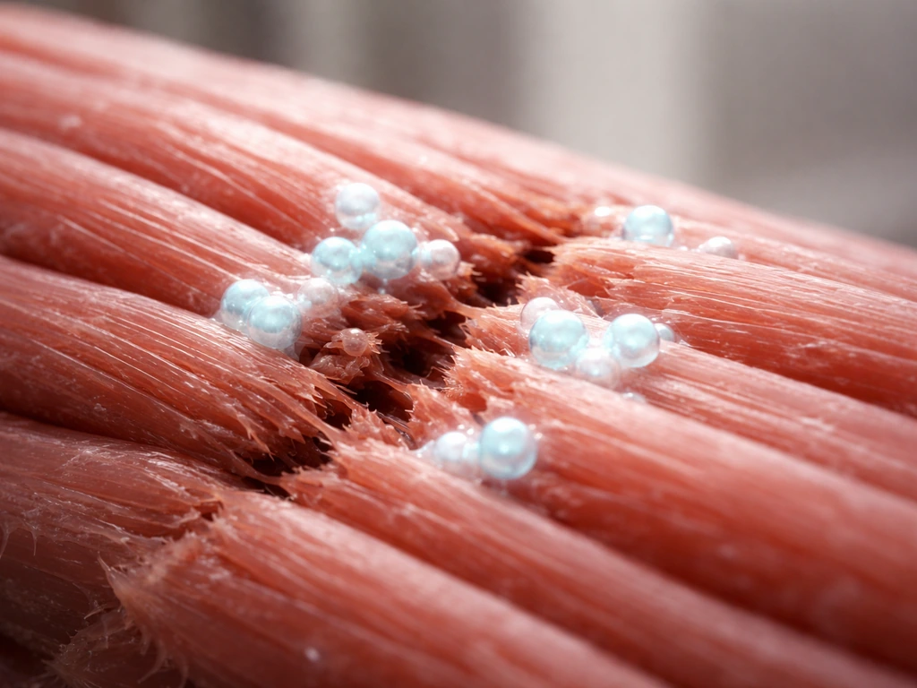 Close-up view of muscle fibers with microscopic tears and subtle inflammatory response around them