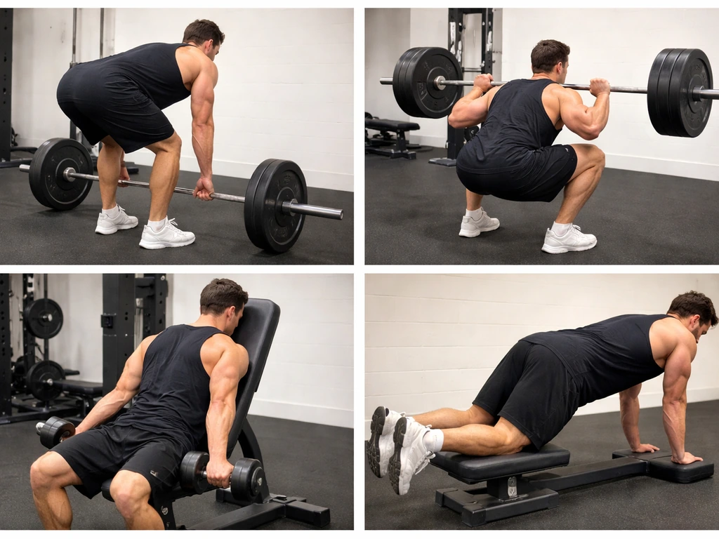 Split photo showing four strength exercises emphasizing long stretched eccentric positions.