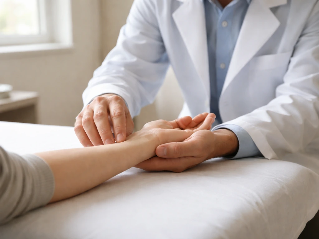 Clinician gently examining an arm in a quiet exam room for a painful, sore muscle issue