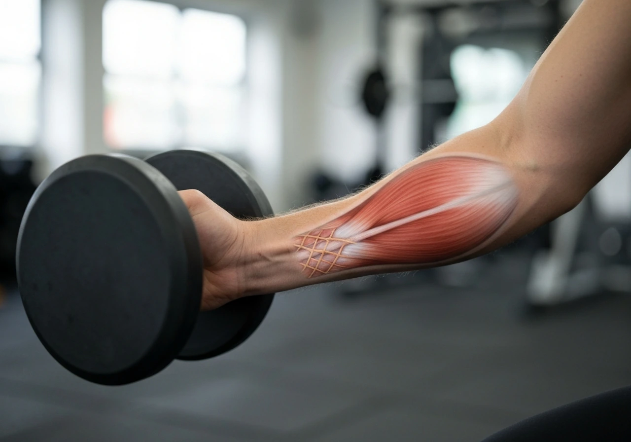 Close-up of hands gripping a dumbbell with a subtle tendon-and-muscle visual contrast in the background.
