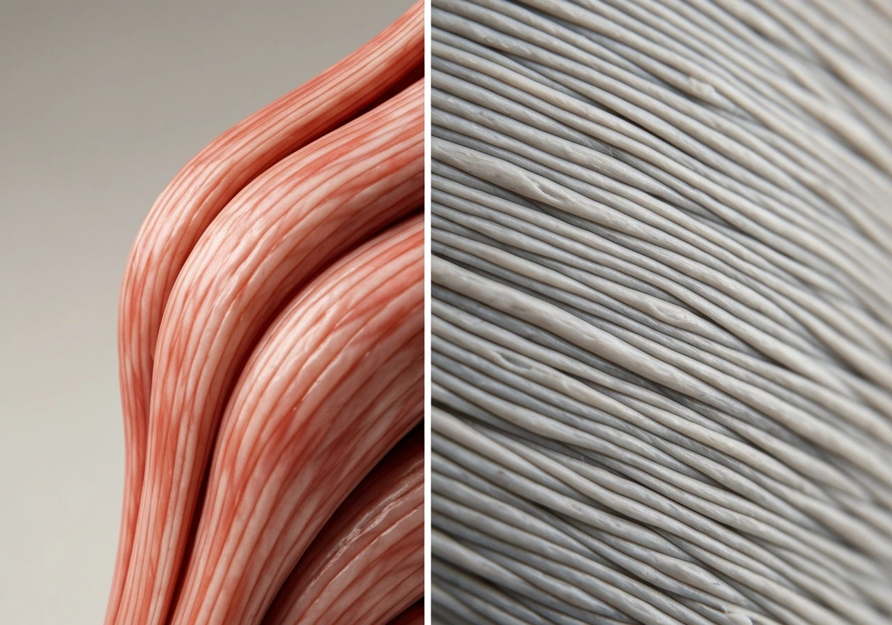 Split close-up: thicker muscle fibers on one side and aligned tendon collagen strands on the other.