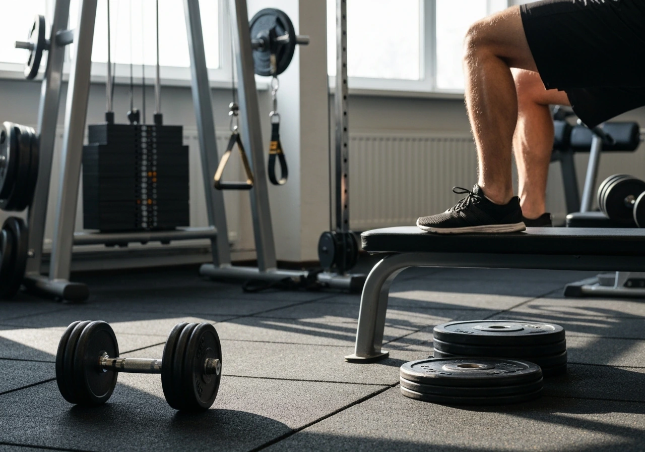 Anonymous gym scene showing a calf raise with nearby dumbbells and row equipment for muscle and tendon training.