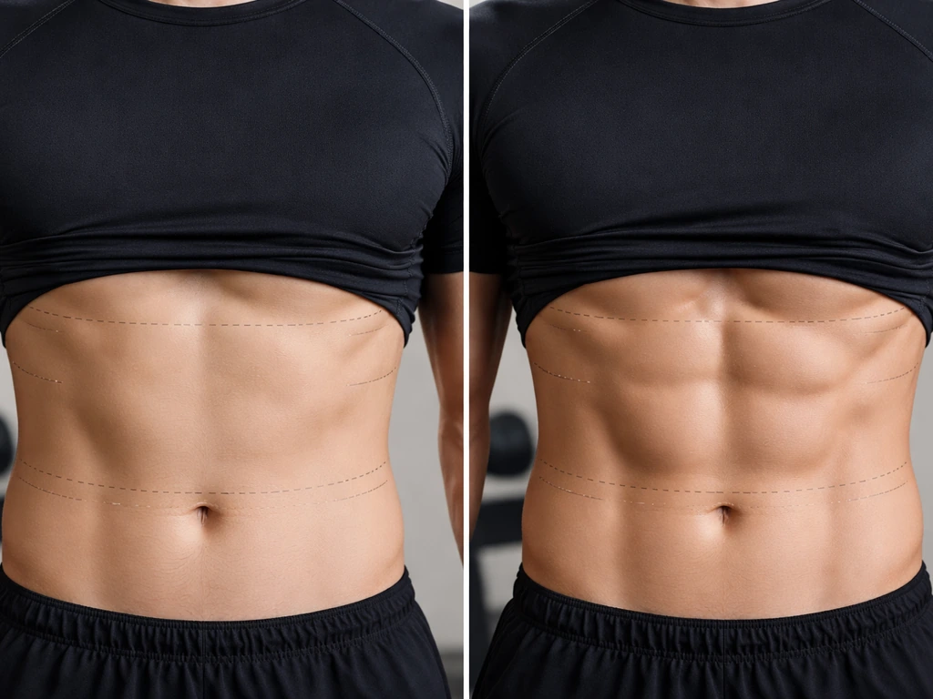Side-by-side before/after torso photo with subtle caliper marks implying faster muscle size changes.