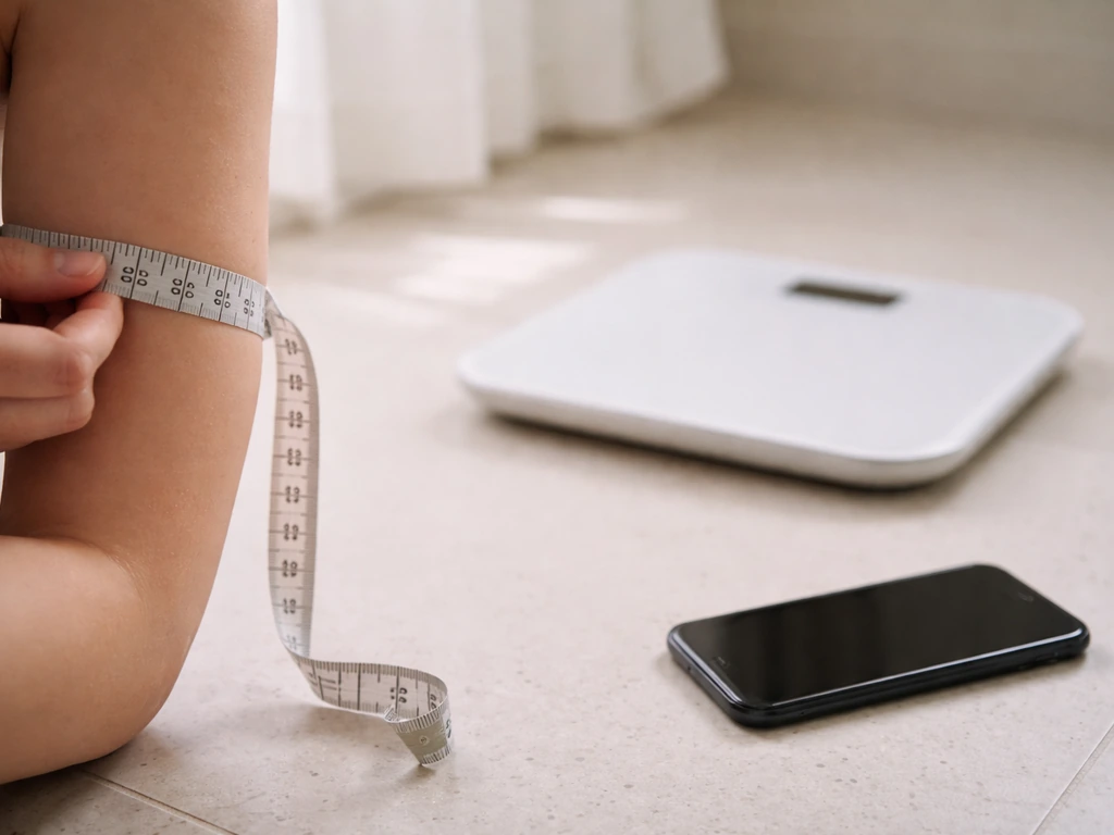 Tape measure on upper arm next to a bathroom scale and a phone showing a simple strength note.