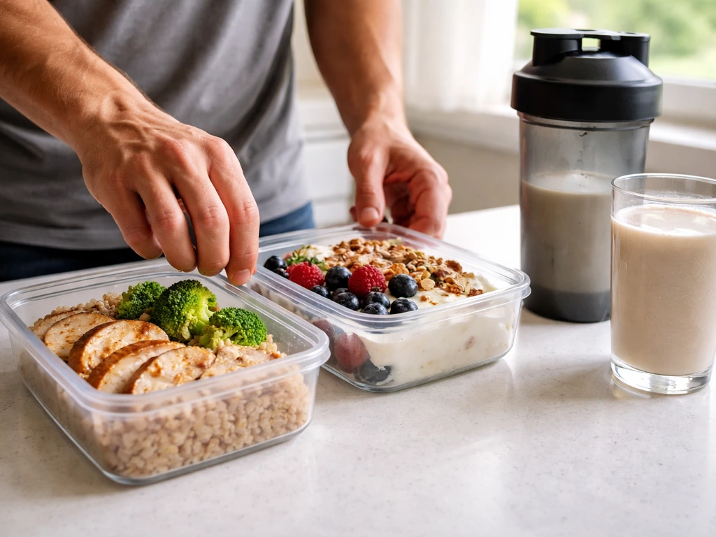 Minimal meal-prep scene with protein-rich containers and a glass of post-workout shake on a kitchen counter.