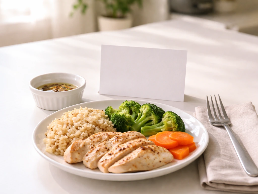 Plate with lean chicken, rice, vegetables and a blank index card beside it to suggest daily targets.