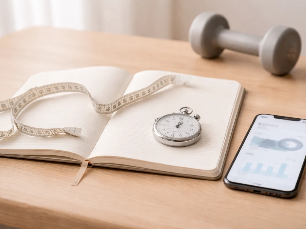 Minimal desk setup with a fitness notebook, tape measure, and a phone showing workout progress without readable text.