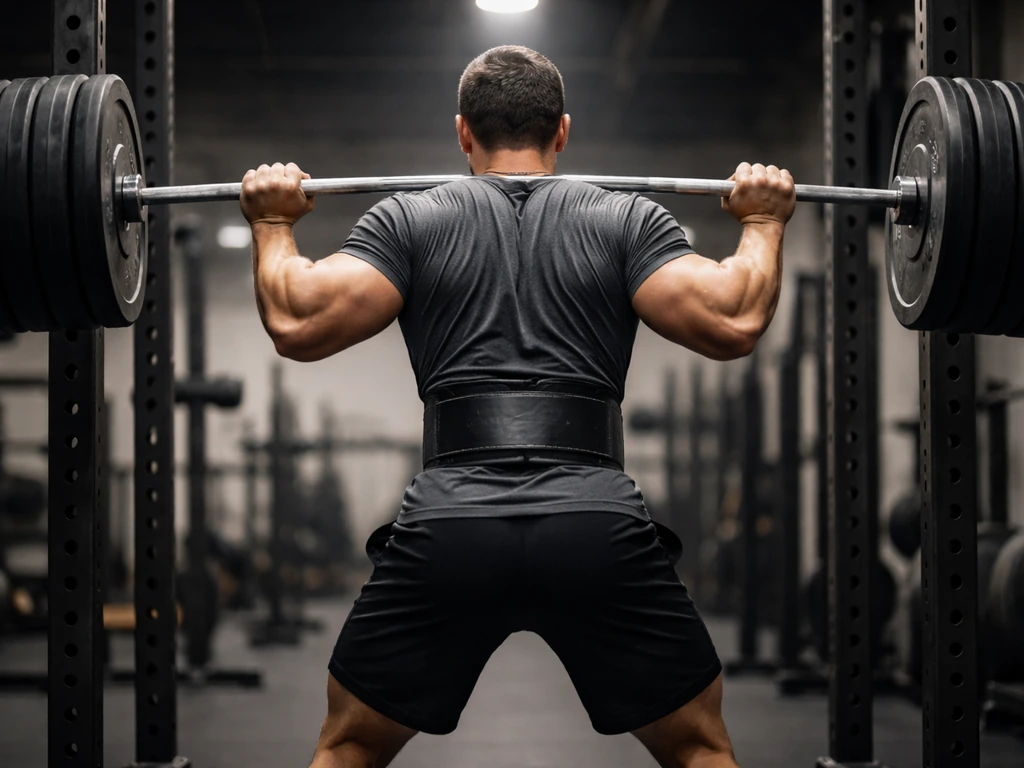 Anonymous lifter executing a heavy barbell squat in a quiet gym, focused on training effort.
