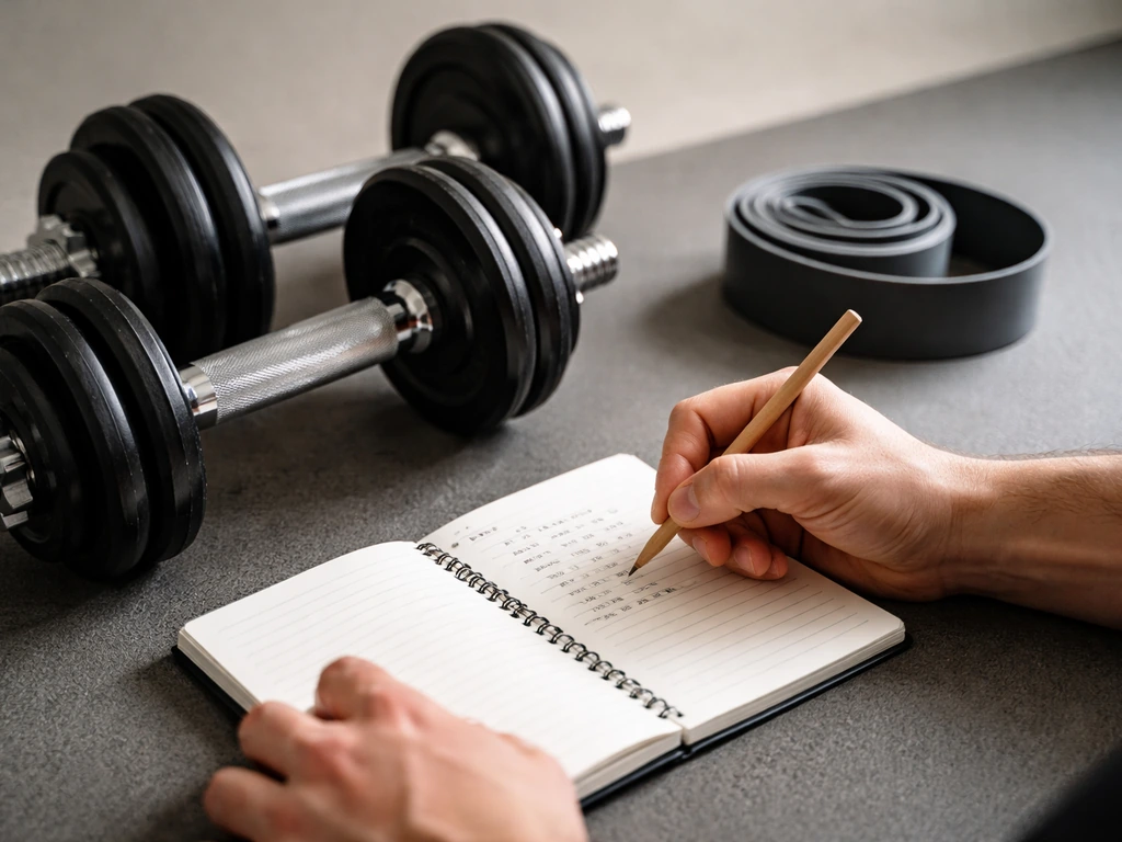 Lifter planning hypertrophy workout with rep targets on a notebook, dumbbells nearby in natural light.