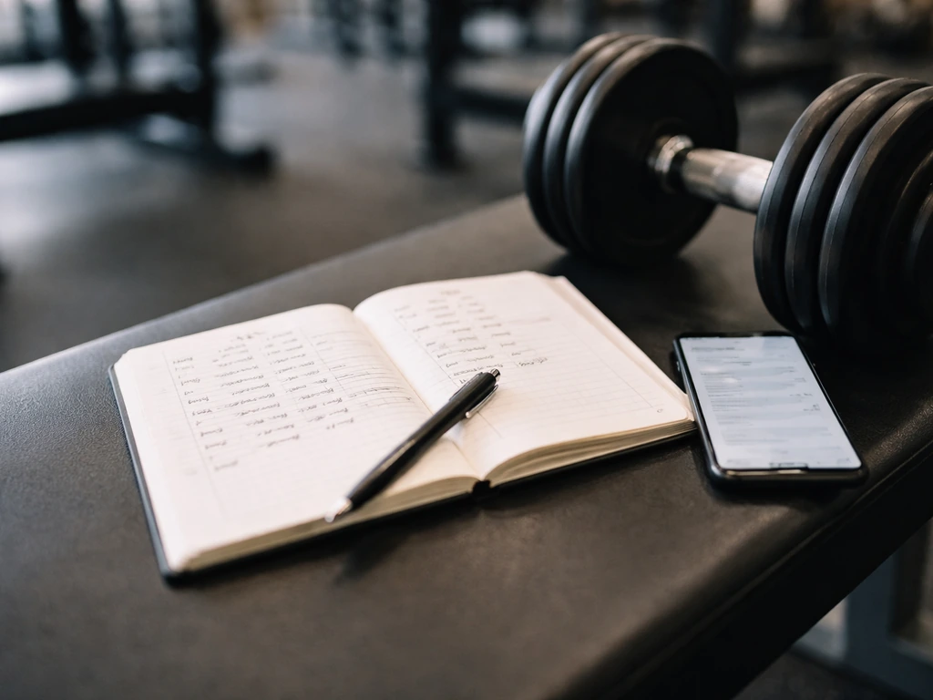 Open notebook and blurred phone on a gym bench beside a dumbbell, suggesting workout progression.