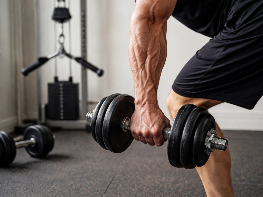 Close-up of an anonymous lifter’s grip on a dumbbell row with curl equipment nearby in a simple gym.