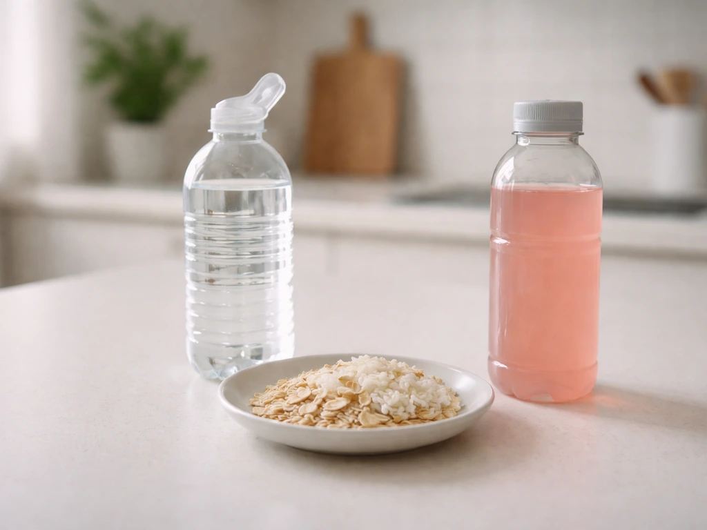 Pre-workout plate with oats and rice, with a clear water bottle and electrolyte drink beside it