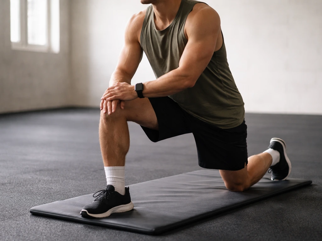 Person stretching in a quiet gym corner after workout, focusing on recovery and mobility.