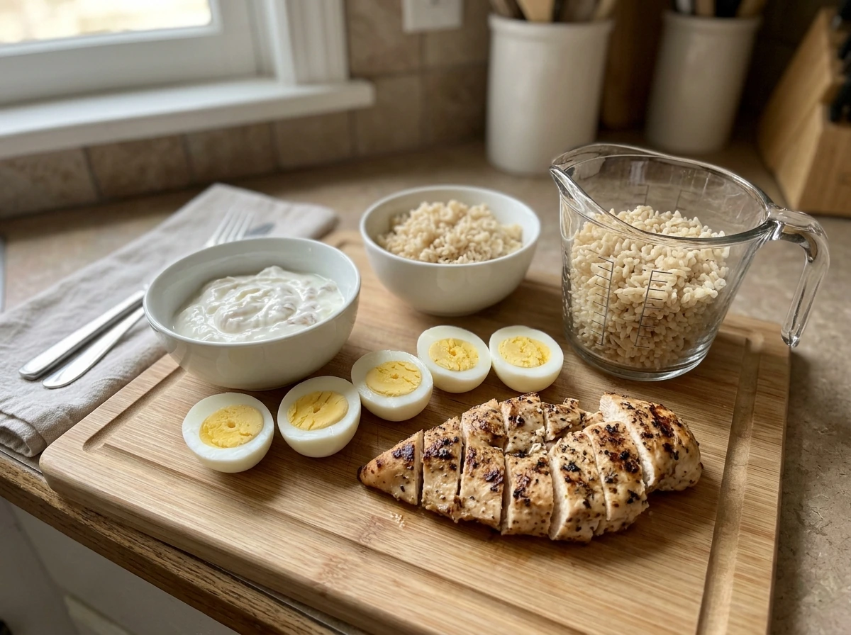 High-protein foods laid out to support muscle growth