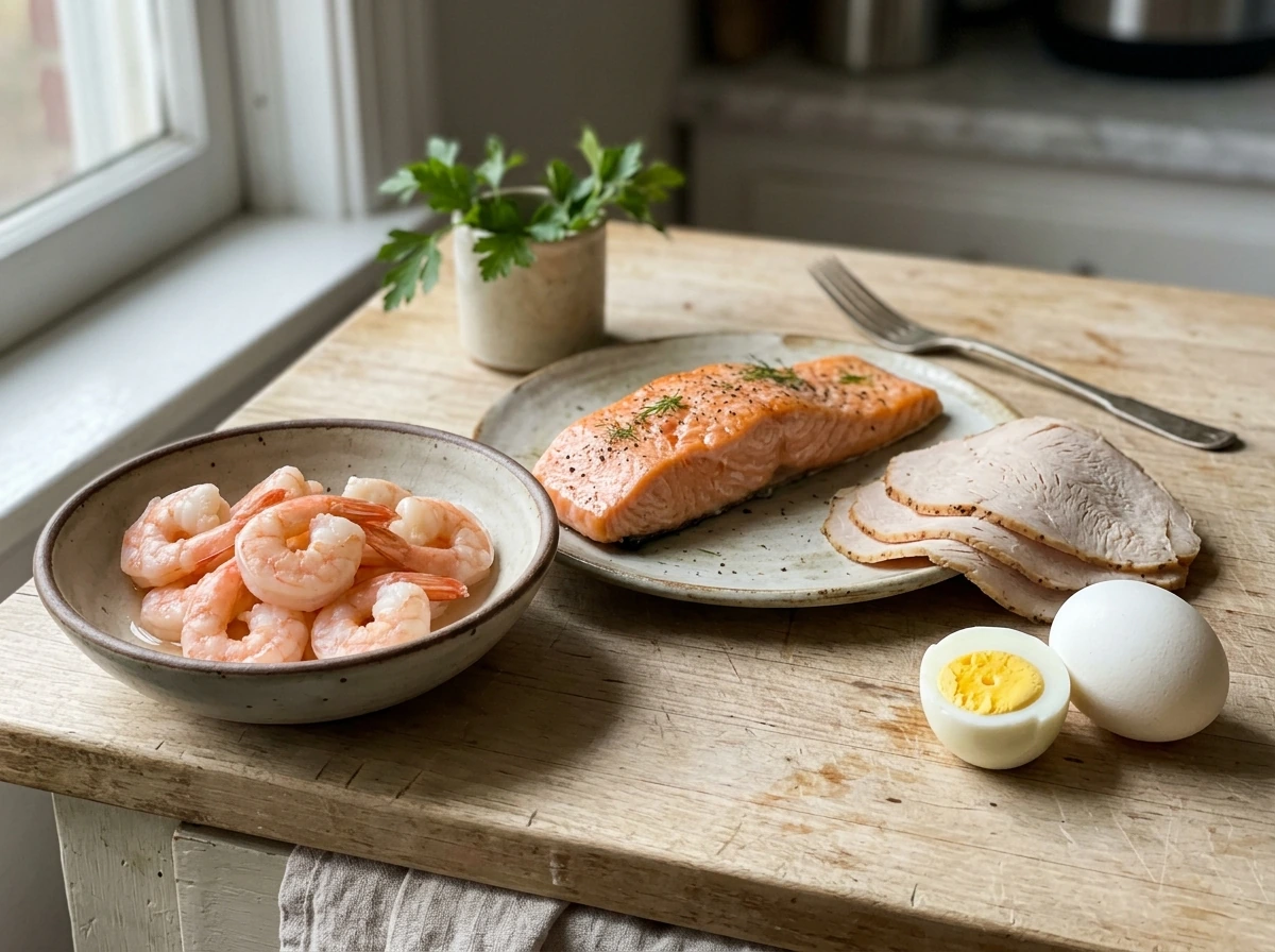 Varied muscle-building food sources like salmon, turkey, shrimp, and eggs