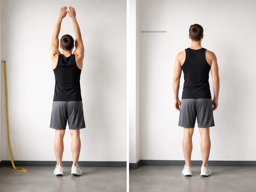 Two anonymous adults compare slouched vs tall posture with a tape measure beside a wall, no text.