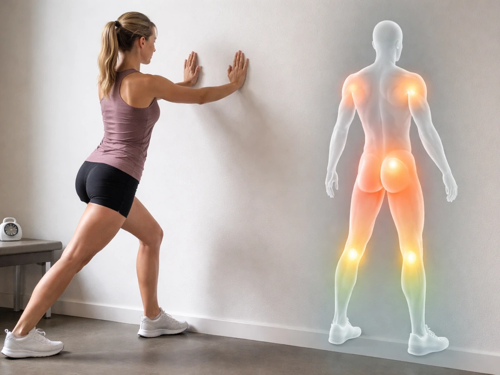 Person calf-stretching with a timer nearby and a faint highlighted body-map overlay for time per muscle group.