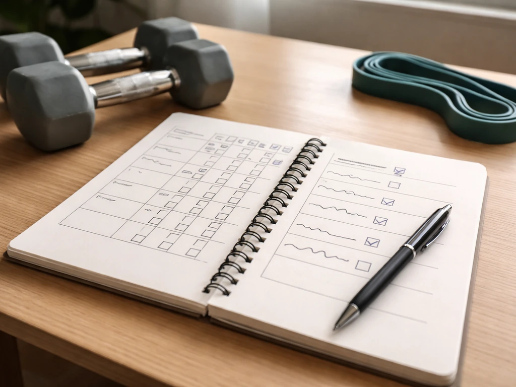 Minimal desk setup with an open weekly training notebook, dumbbells, and a pen beside checkboxes.