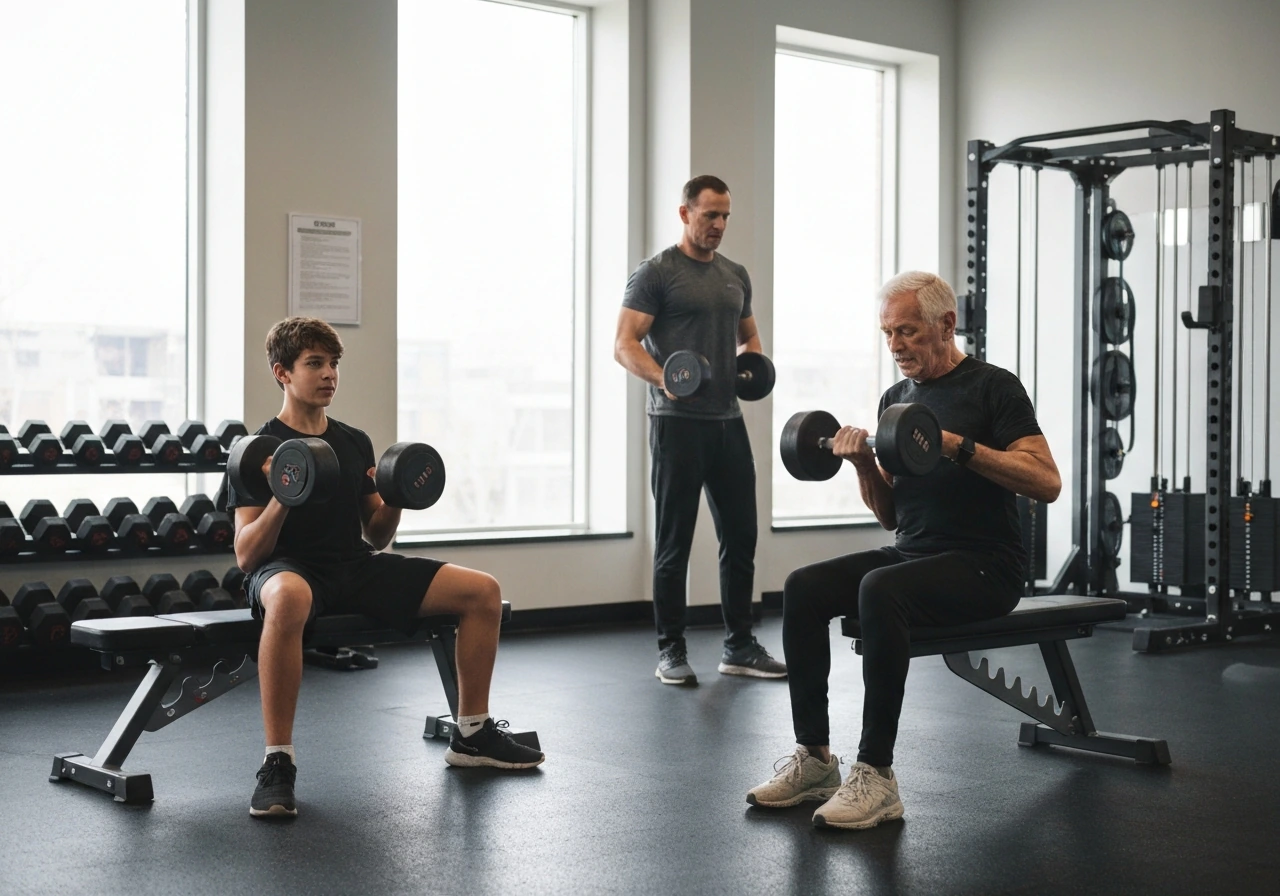 Three anonymous gym-goers of different ages lifting weights together in a quiet weight room.