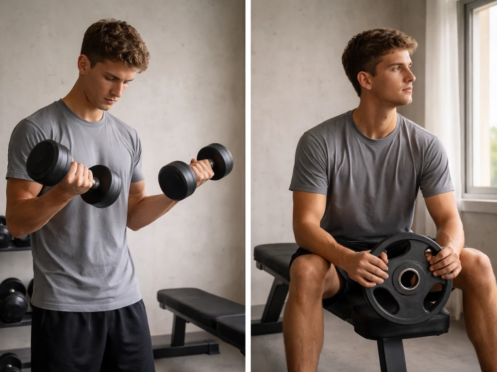 Split image: young person lifting dumbbells on one side and holding a weight plate by a window on the other.