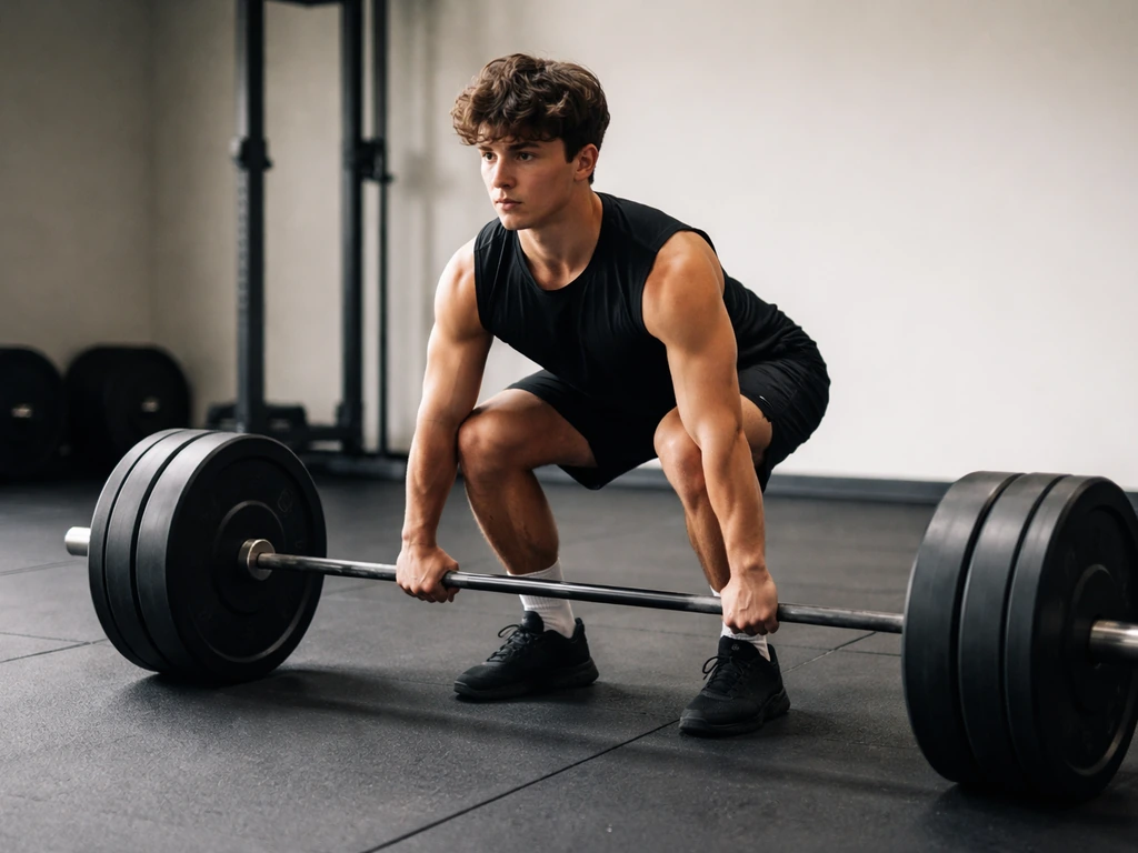 Late-teen lifter doing a heavy deadlift in a minimal gym, focused and in proper form.