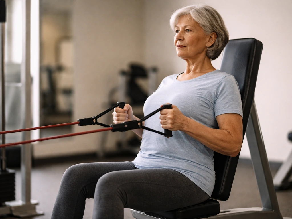 Older adult in their 60s/70s doing a supported resistance band row in a quiet gym.