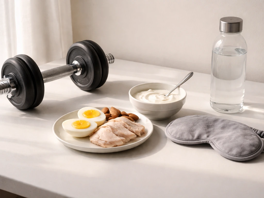 Minimal photo showing dumbbell, protein-rich foods, and a sleeping mask implying recovery for muscle growth.
