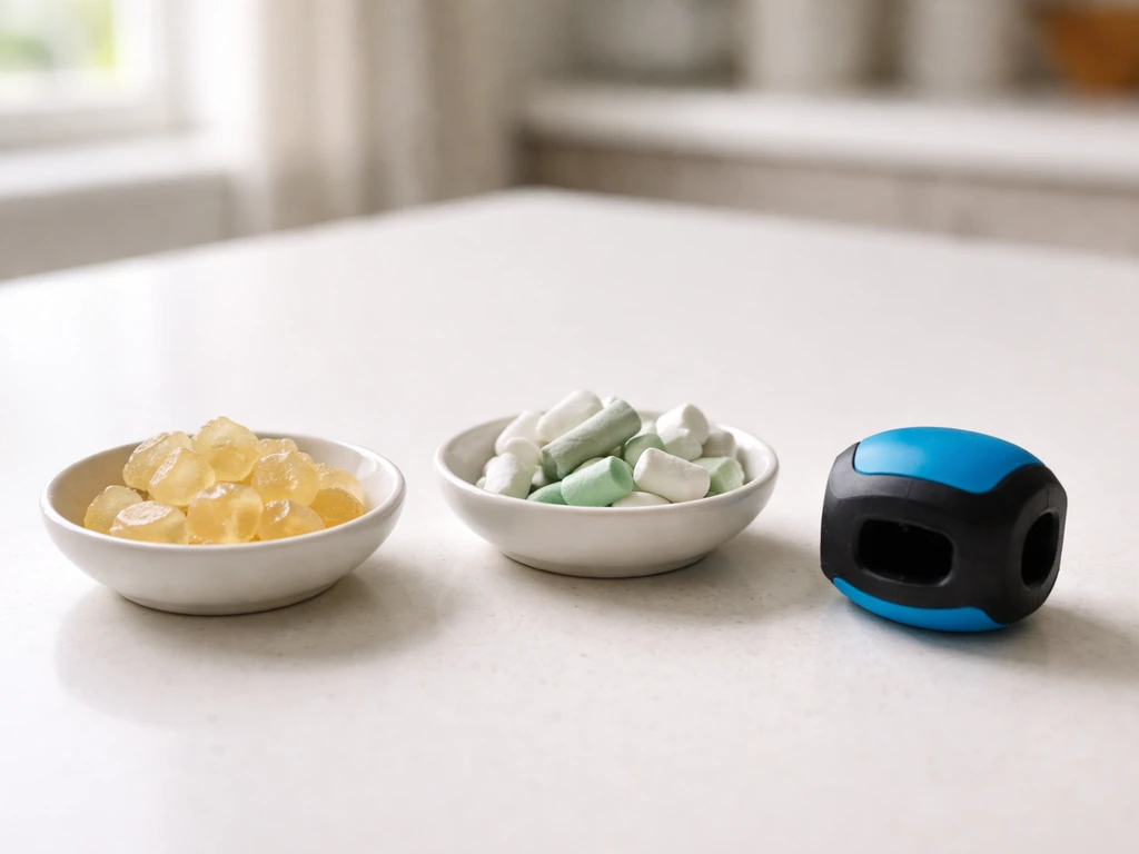 Three jaw-training options on a countertop: mastic gum, sugar-free hard gum, and a low-resistance jaw exerciser.