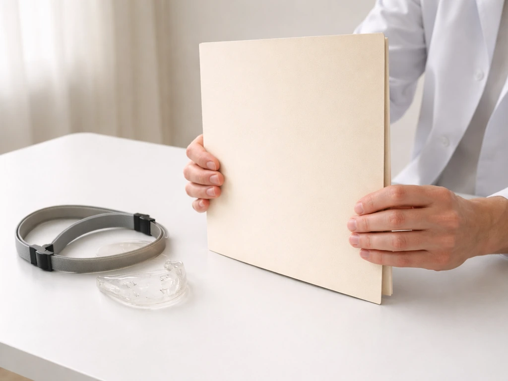 Clinician hands holding an unmarked clearance folder beside a mouthguard and low-resistance rehab items on a clinic tabl
