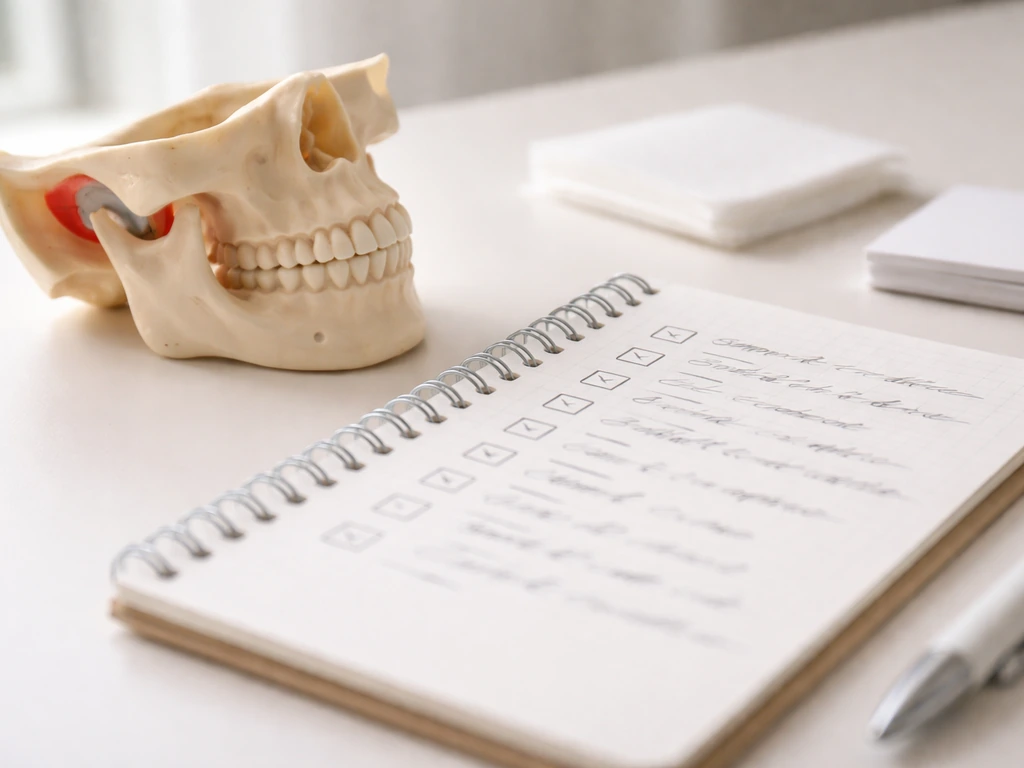 Close-up of jaw-related red flag safety items: notebook with checkboxes and a small TMJ model on a desk.