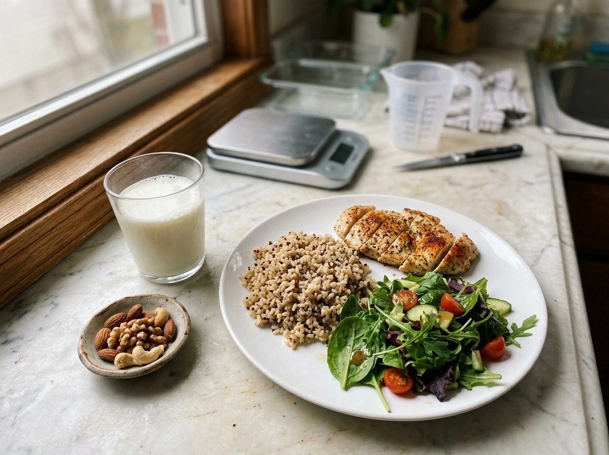 Protein and carbs on a plate for muscle and bone nutrition
