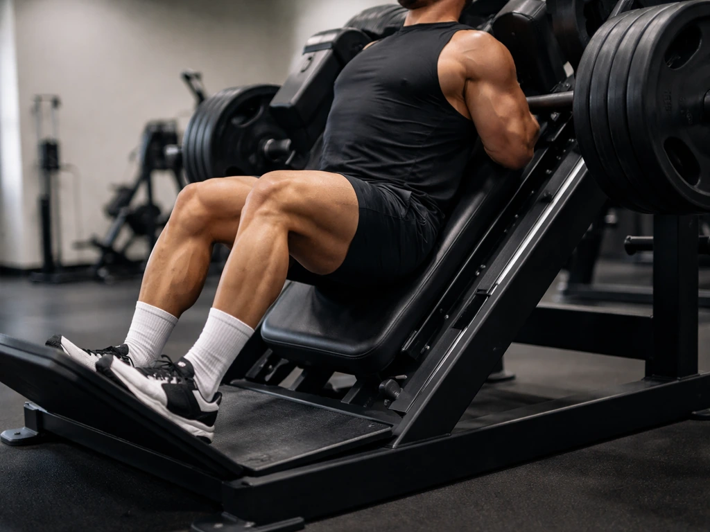 Athlete performing a controlled hack squat in a minimal gym scene, emphasizing quad growth effort.