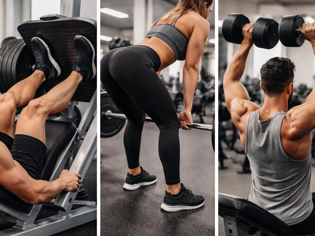 Split-screen style gym scene showing quads, glutes/hamstrings, and delts exercises in separate frames