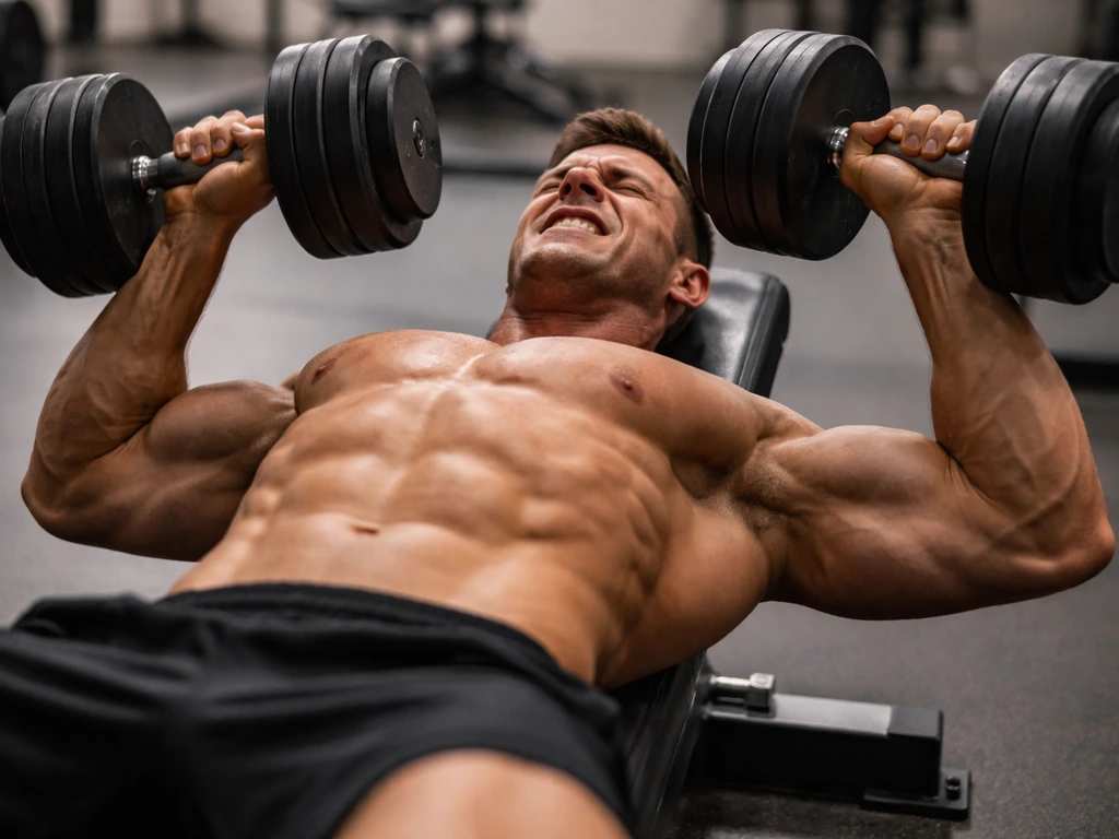 Anonymous lifter doing a controlled dumbbell bench press with weight plates in a quiet gym.