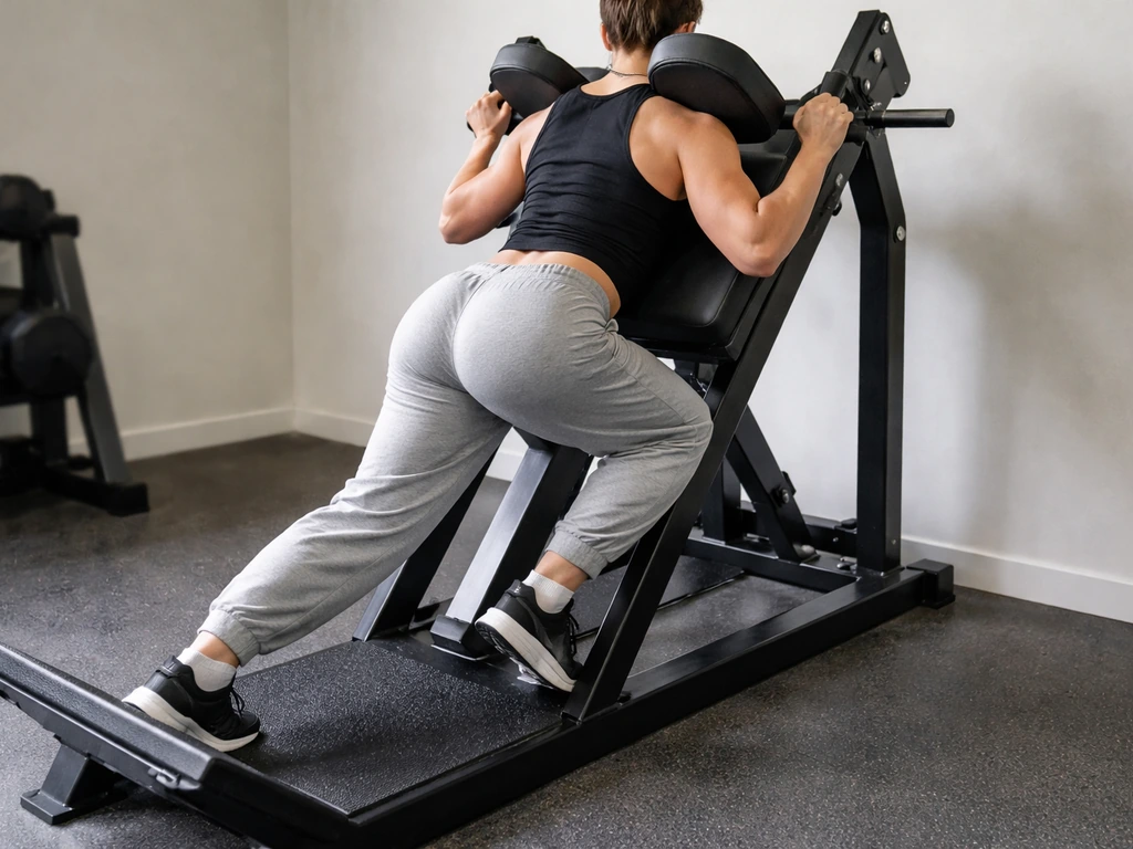 Non-identifiable lifter doing a hack squat in a quiet gym corner with controlled full-range form.