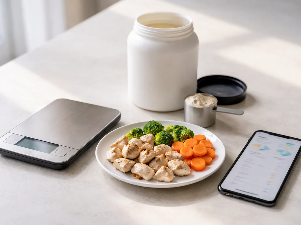 Kitchen countertop with a food scale, high-protein meal, protein powder, and a phone nutrition tracker screenshot.