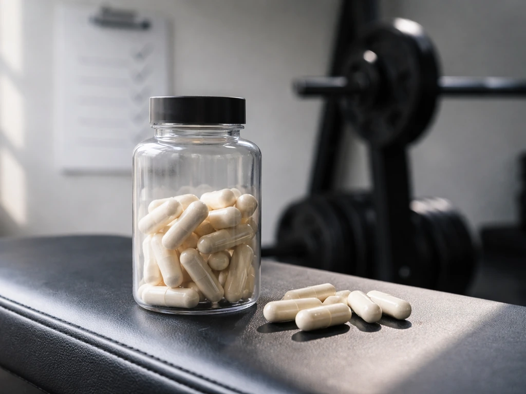 Capsule bottle and weightlifting bench with capsules, suggesting supplement results and tracking.