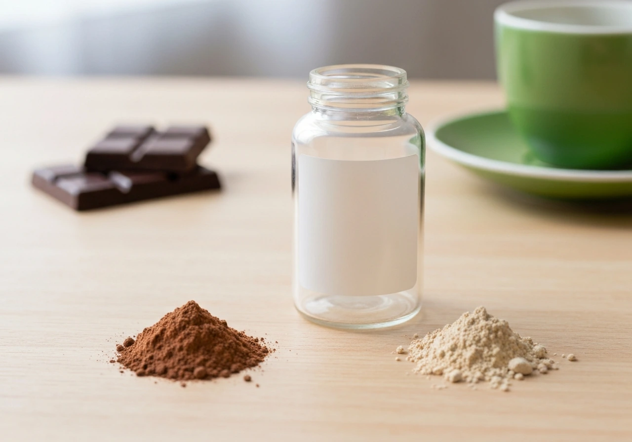 Capsule bottle on a wooden table with cocoa-brown and pale ingredient powders, plus blurred dark chocolate and green tea