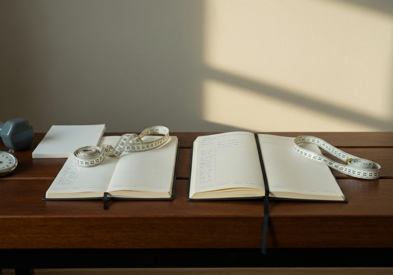 Minimal desk scene with two open workout log notebooks showing weight and circumference notes side by side.