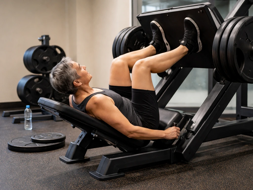 Older lifter doing controlled leg press in a quiet gym, with weights and water nearby.