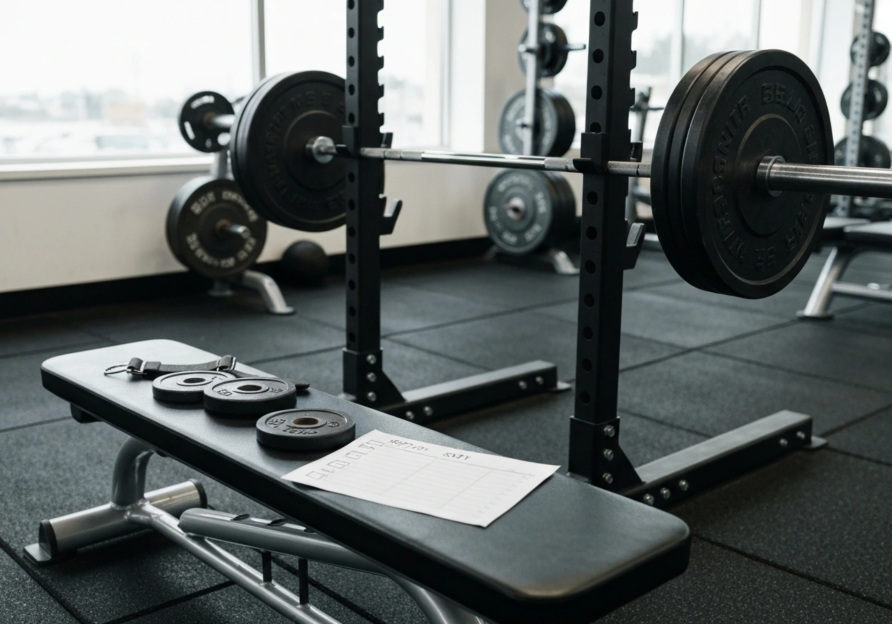 Gym bench setup with plates, dumbbells, and a squat rack ready for progressive overload training